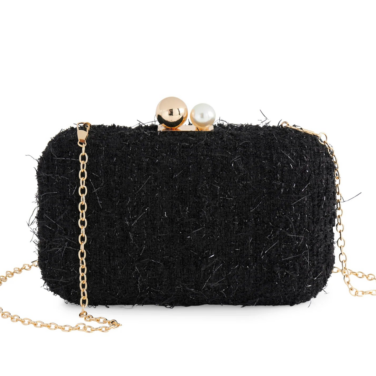 Black textured clutch bag with gold chain and pearl embellishments on a white background