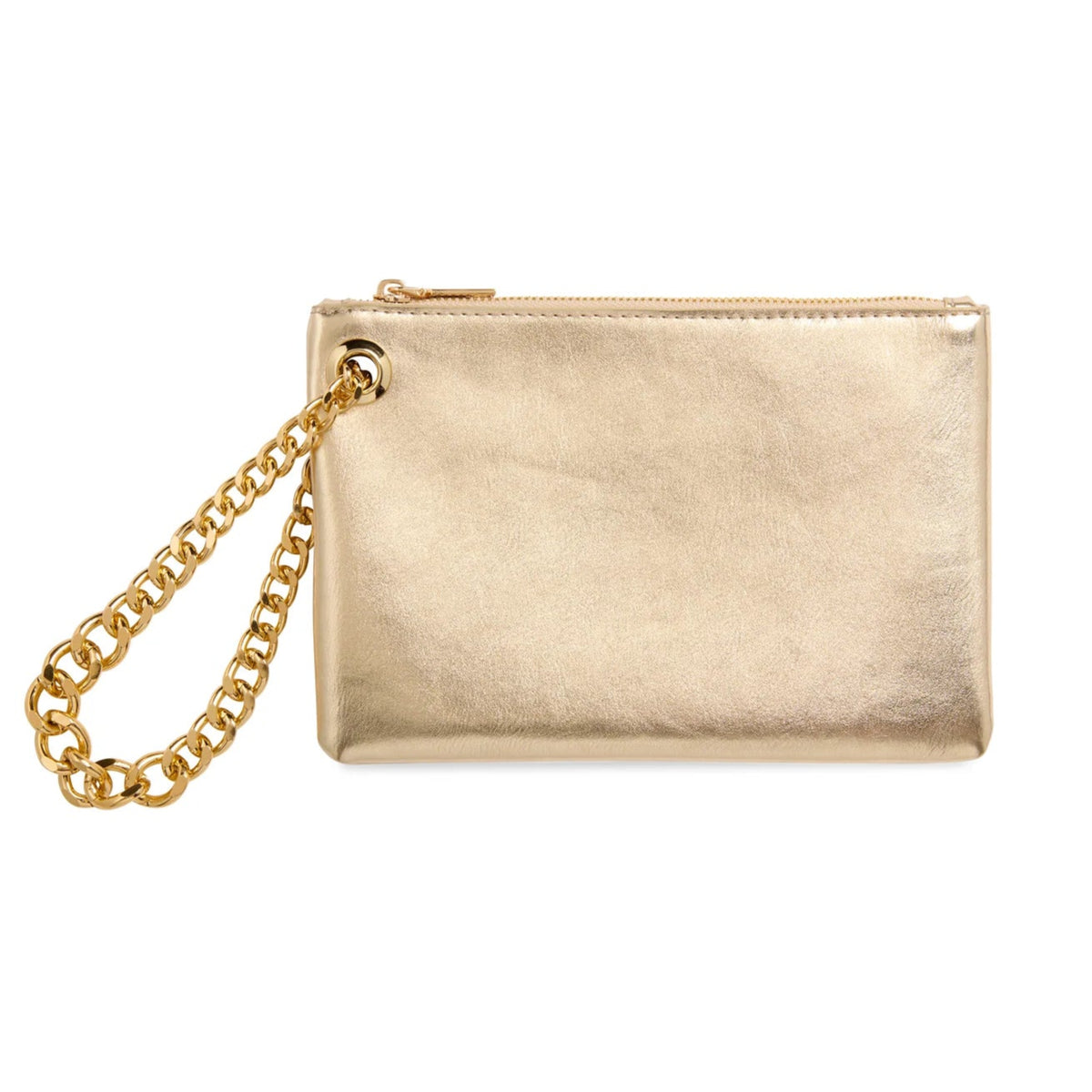 Gold clutch bag with a chain strap on a white background