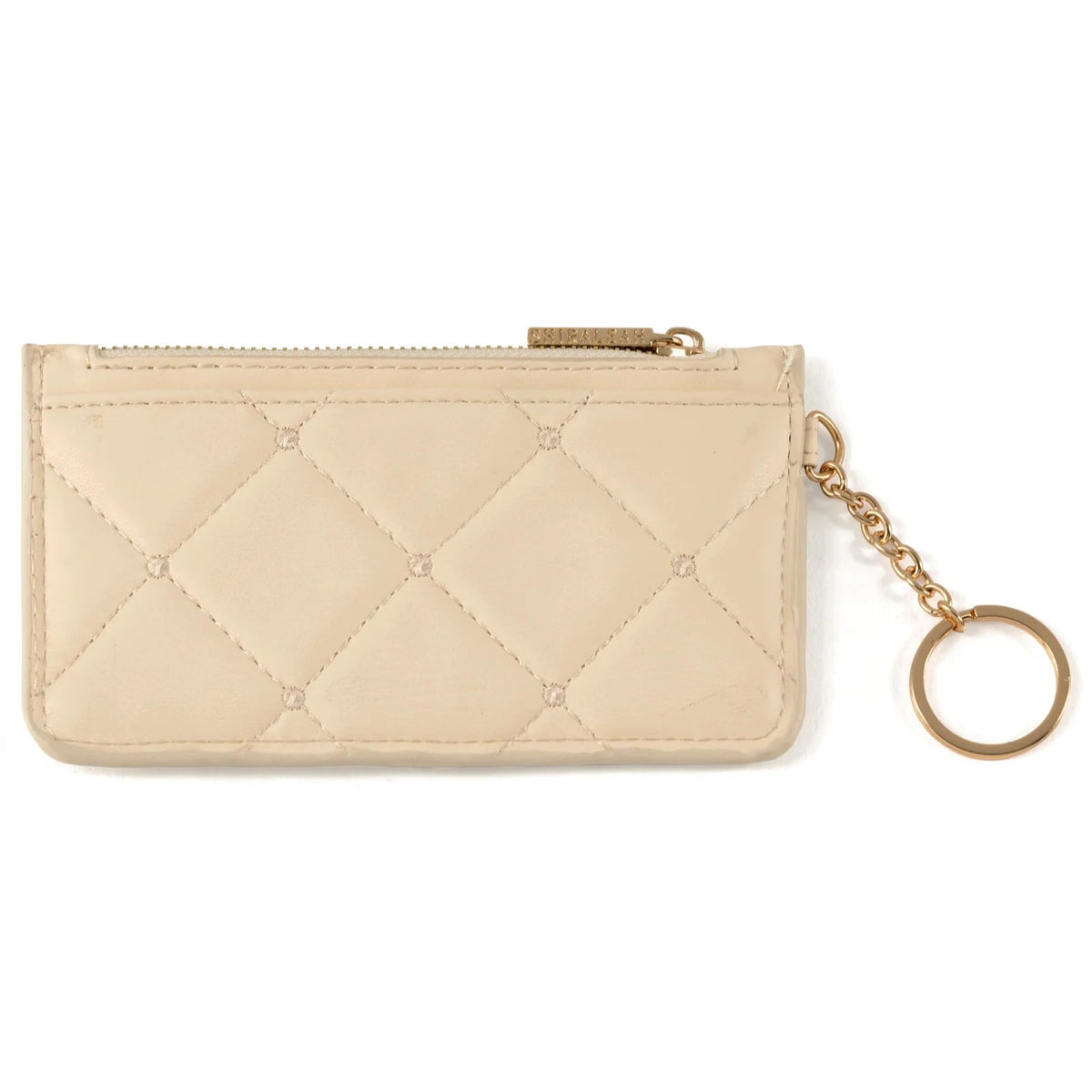 A beige card case with a quilted design, gold hardware, and an attached key ring.