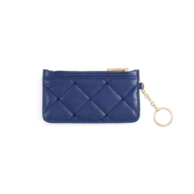 Blue quilted wallet with a key ring on a white background