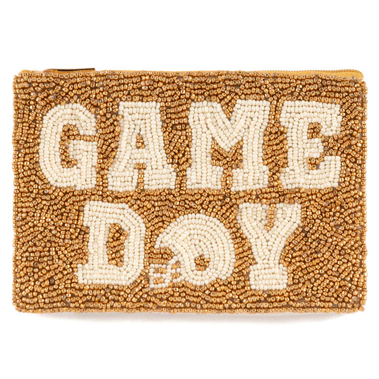 A beaded zip pouch with the words 'Game Day' written in white letters on a gold background, featuring a small football helmet icon.
