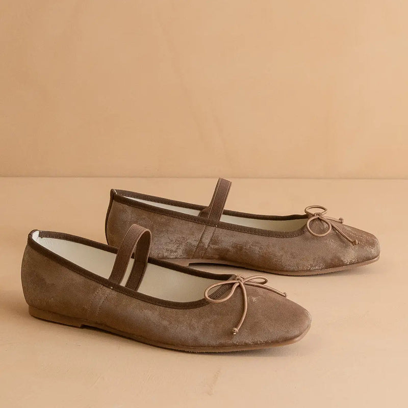 Pair of brown suede shoes with bow details on a beige background