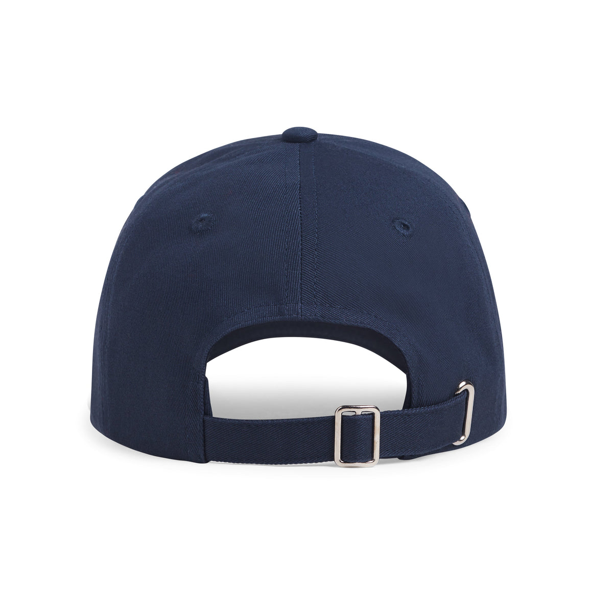 Navy blue baseball cap with a metal buckle on a white background