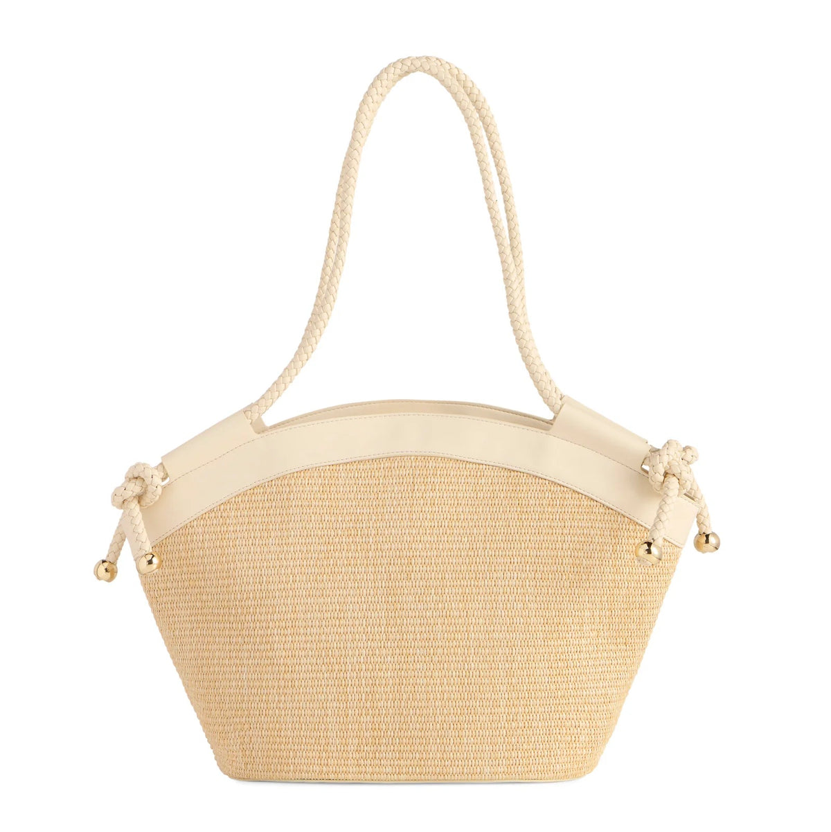 Woven handbag with a cream handle on a light gray background