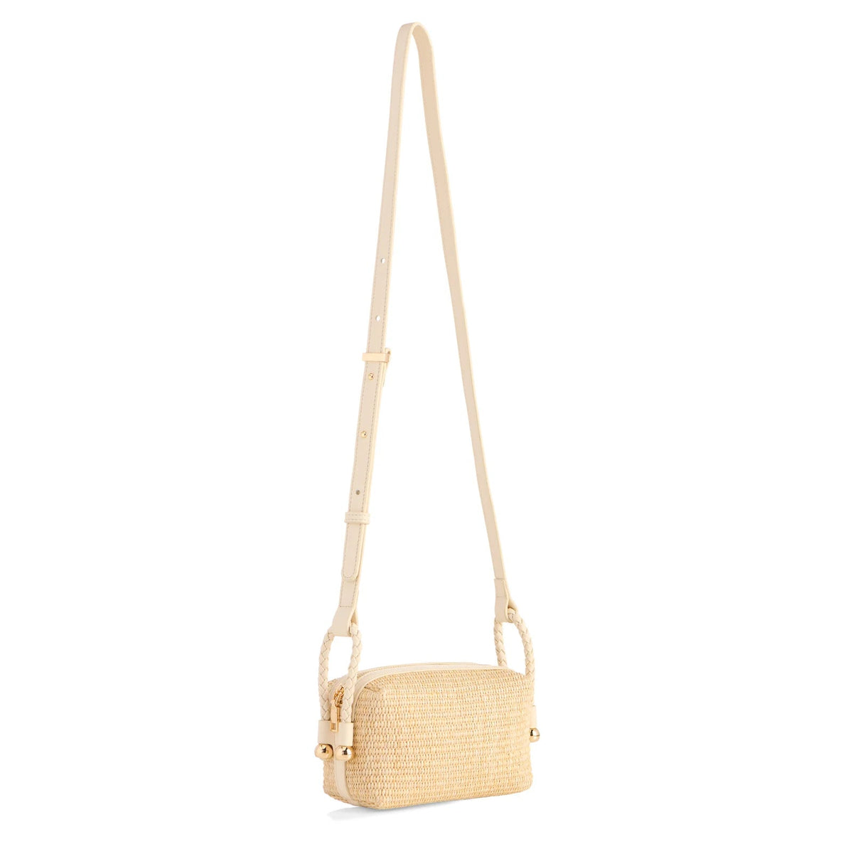 Beige woven handbag with a strap on a white background