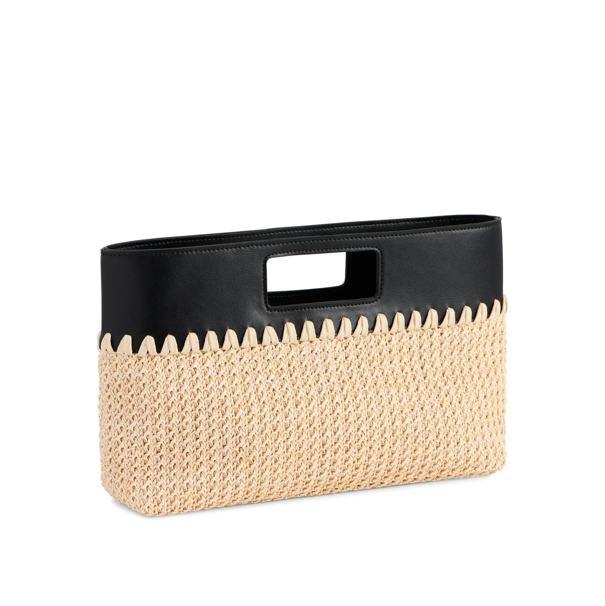 Handbag with black top handle and beige woven body on a white background