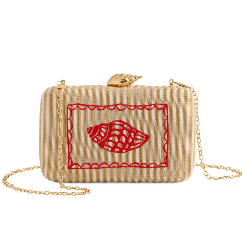 Striped clutch bag with red embroidered design on a white background
