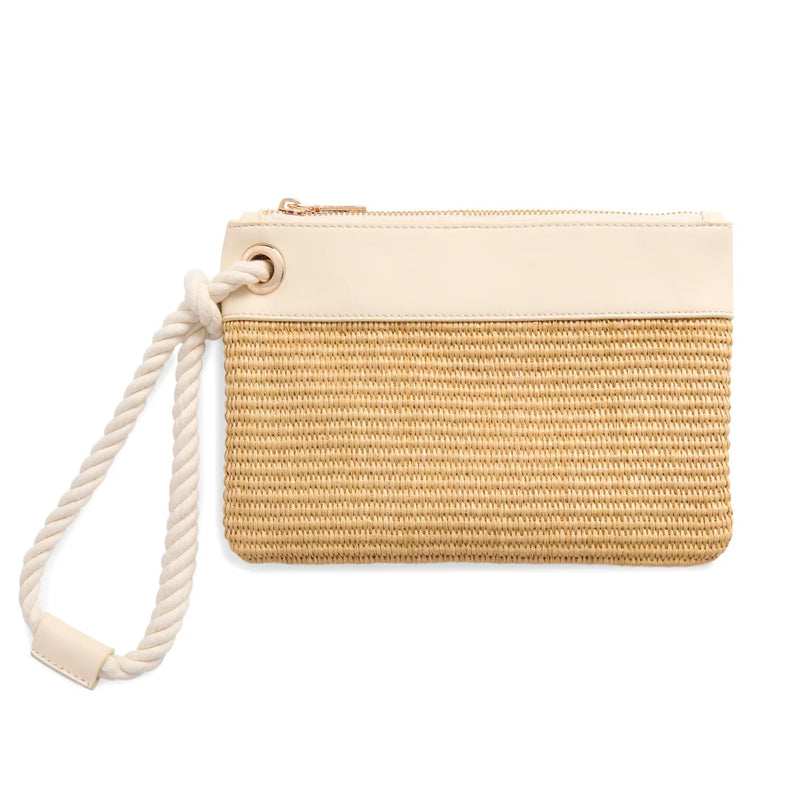 Woven clutch bag with a rope handle on a white background