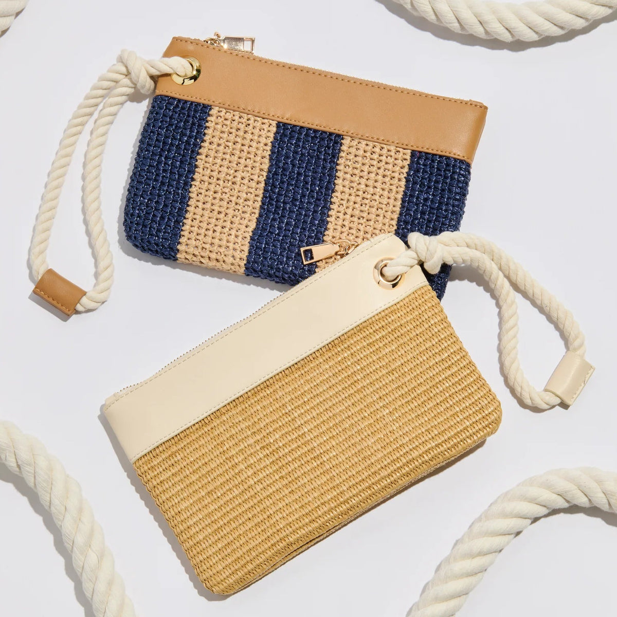 Two woven handbags with striped design on a light gray background