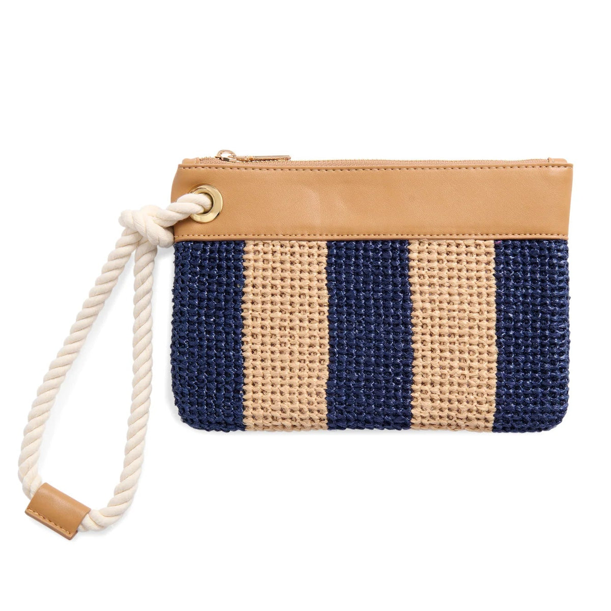 Navy and white striped clutch bag with a strap on a light background