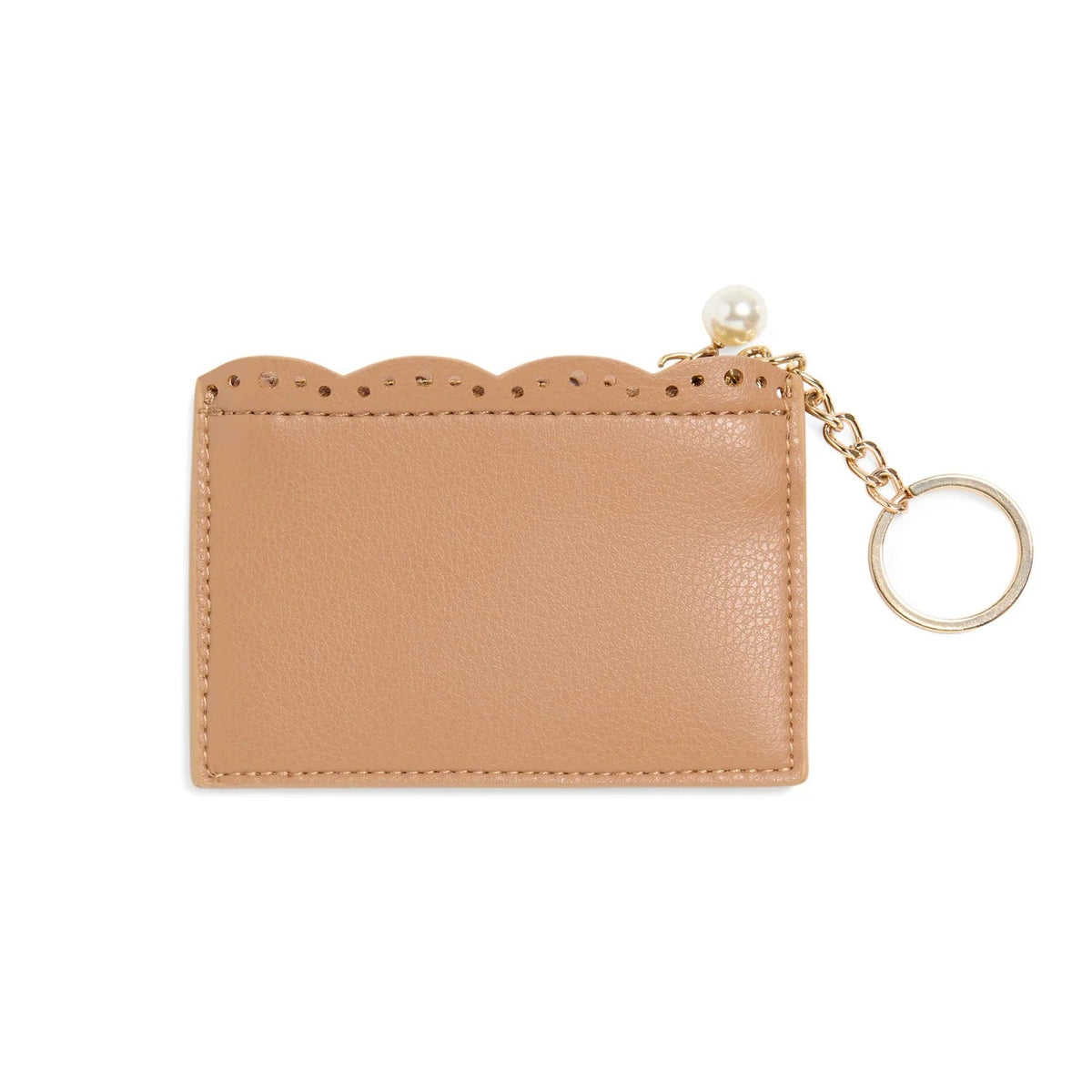 Tan leather cardholder with scalloped edge and keychain on a white background
