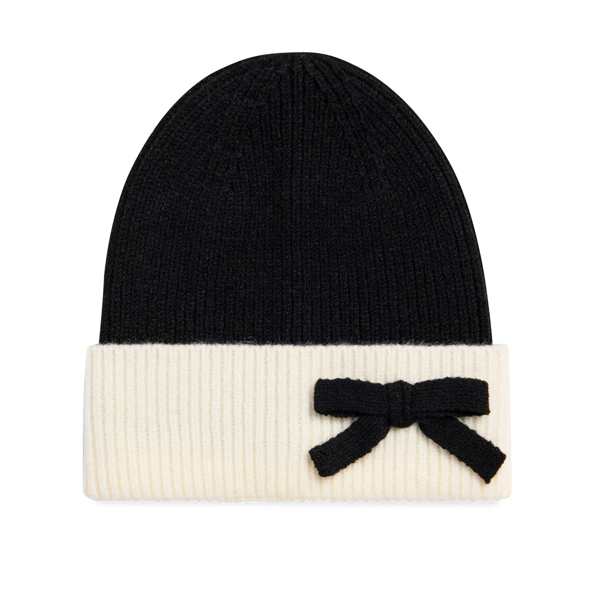 Black beanie with a white band and black bow on a white background
