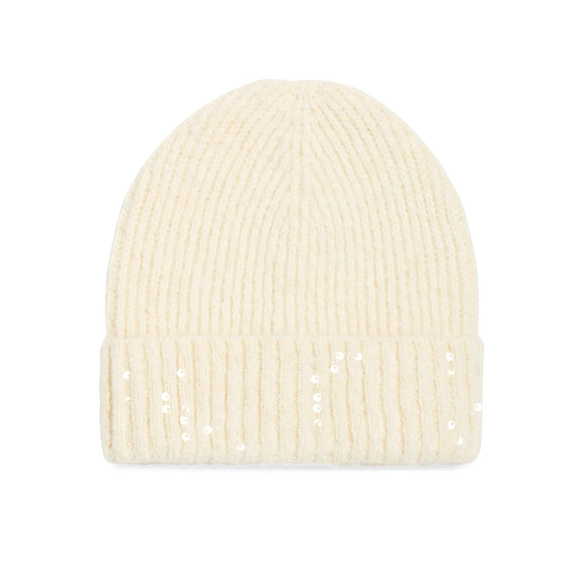 White knit beanie on a white background