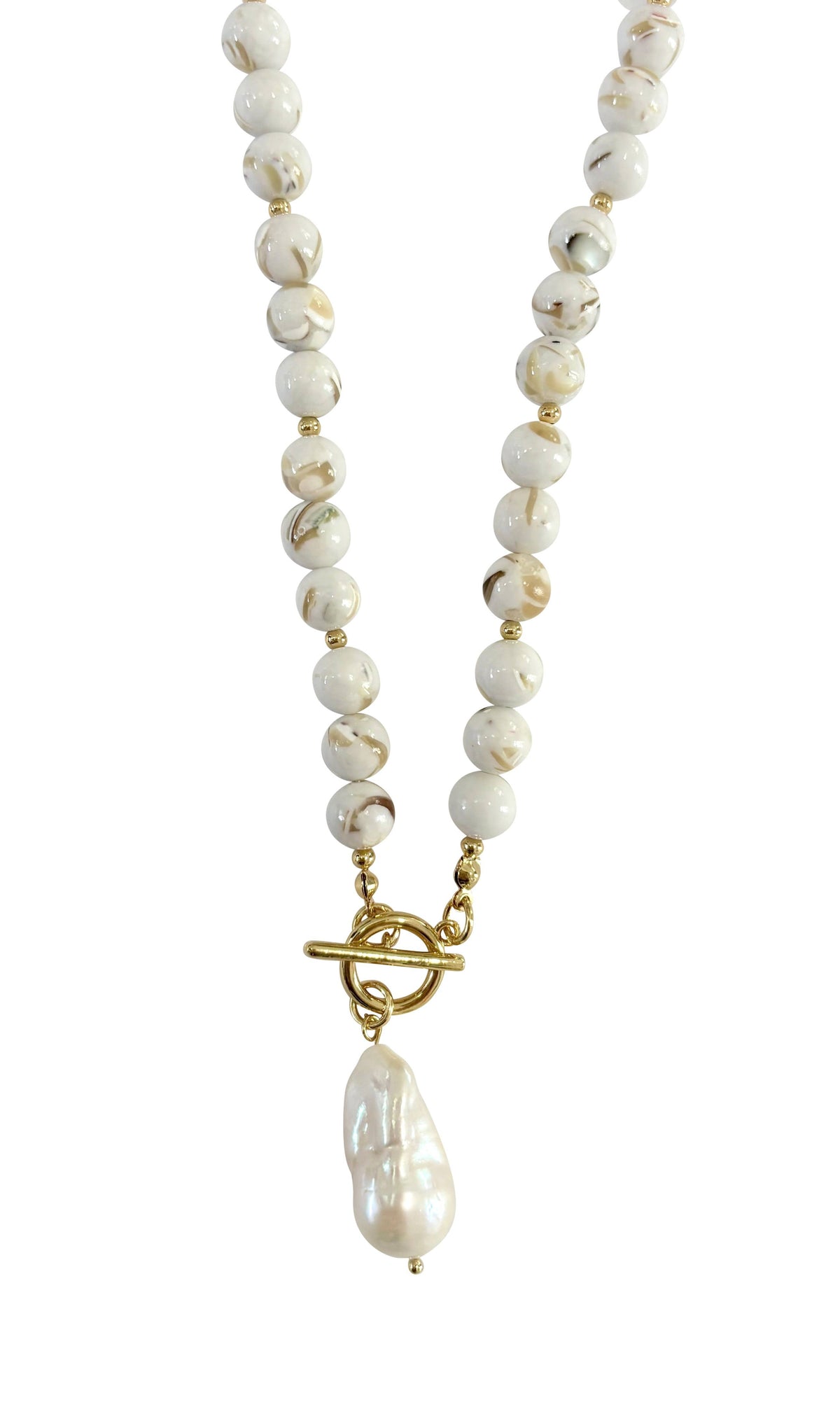 Sandy Beaded Necklace with Pearl Accent- Cream