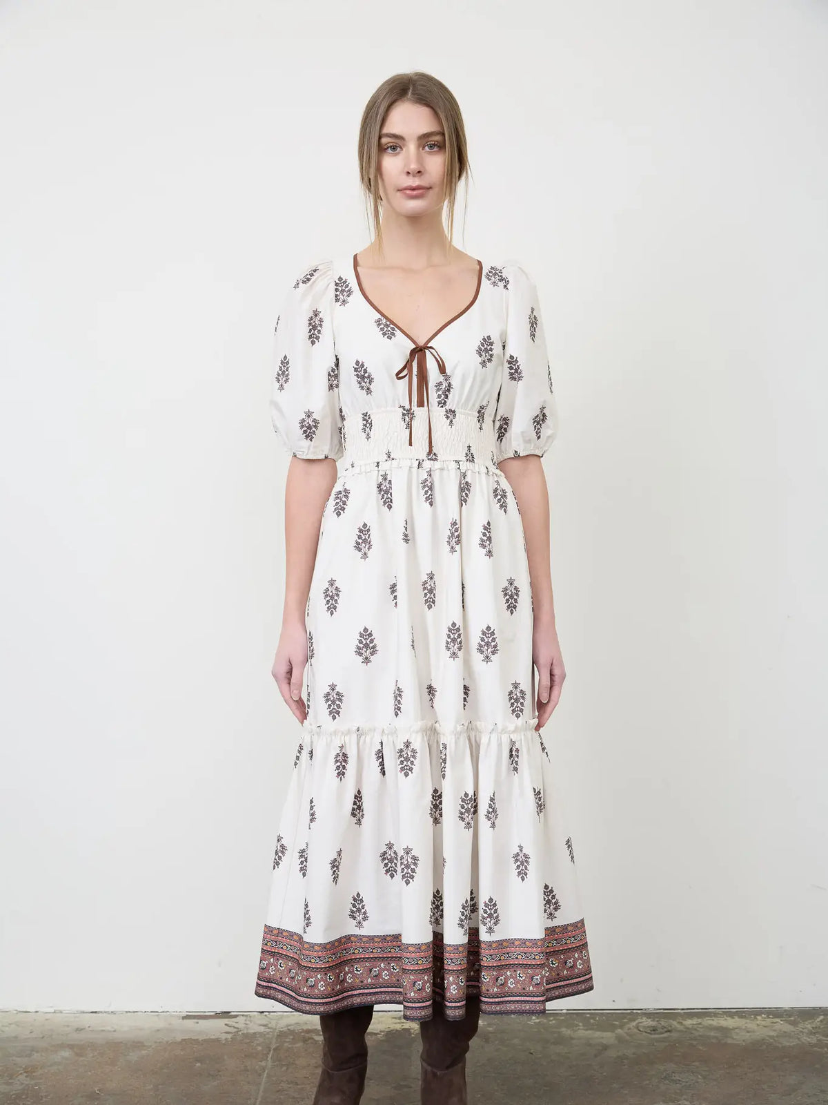 Border Print Front Tie Puff Sleeve Midi Dress