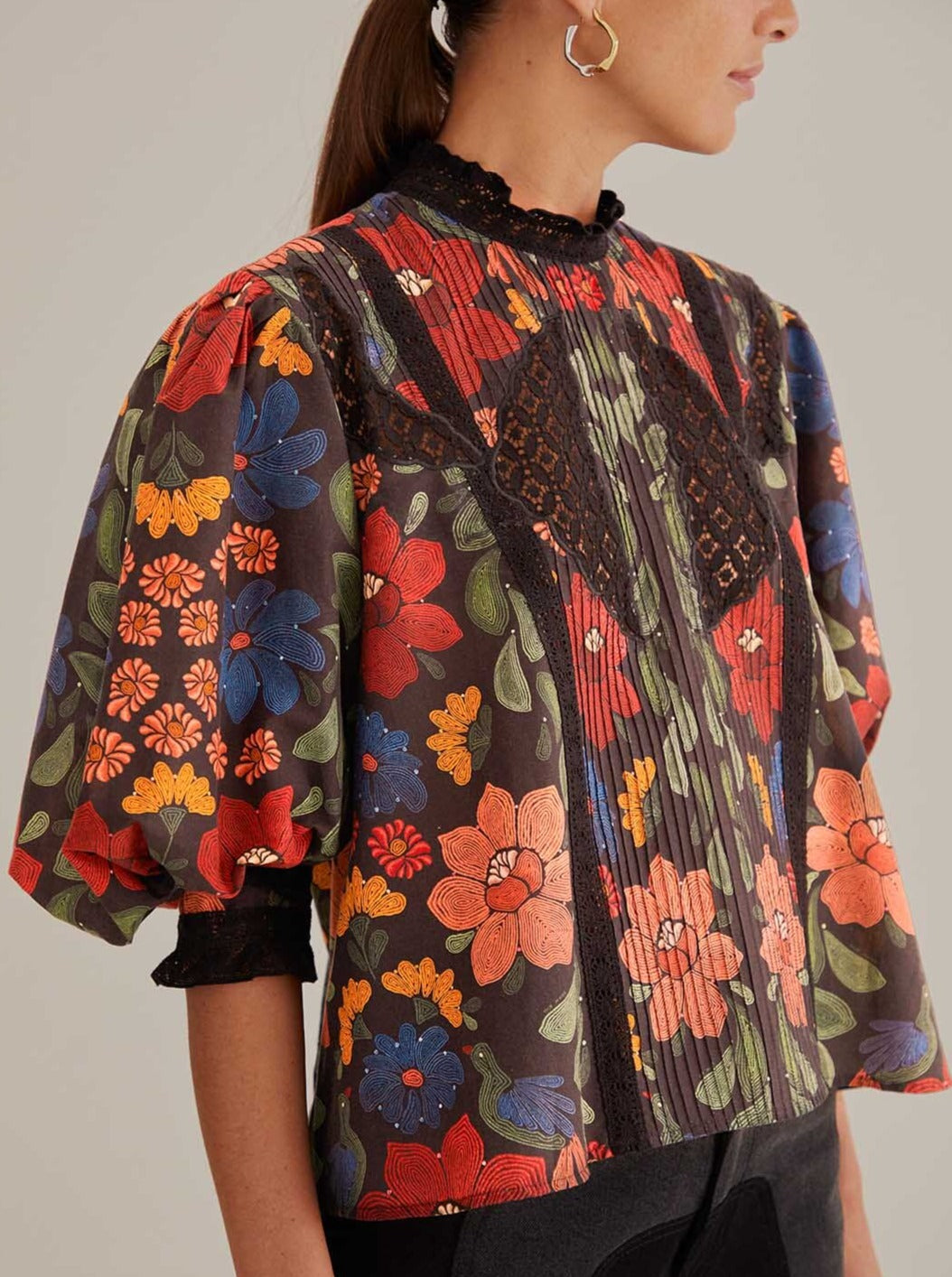 Black Stitched Flowers Blouse