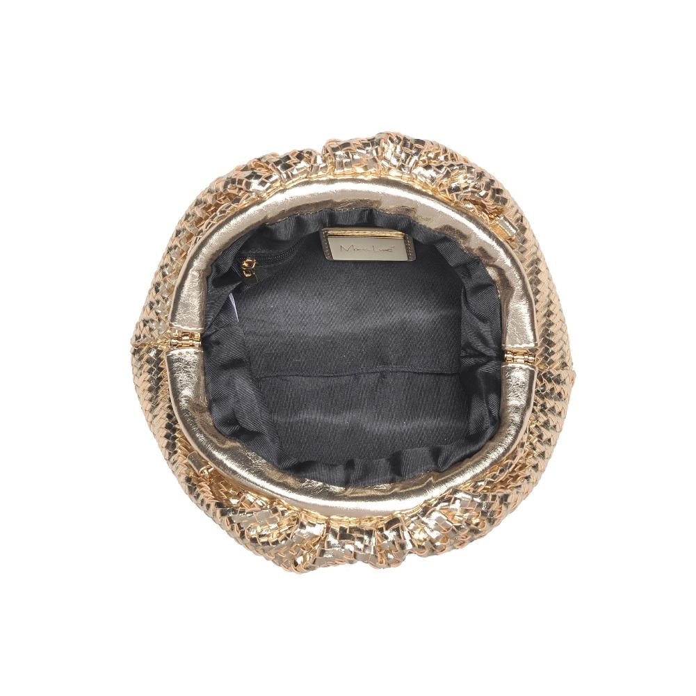 Gold clutch bag with intricate design on a white background