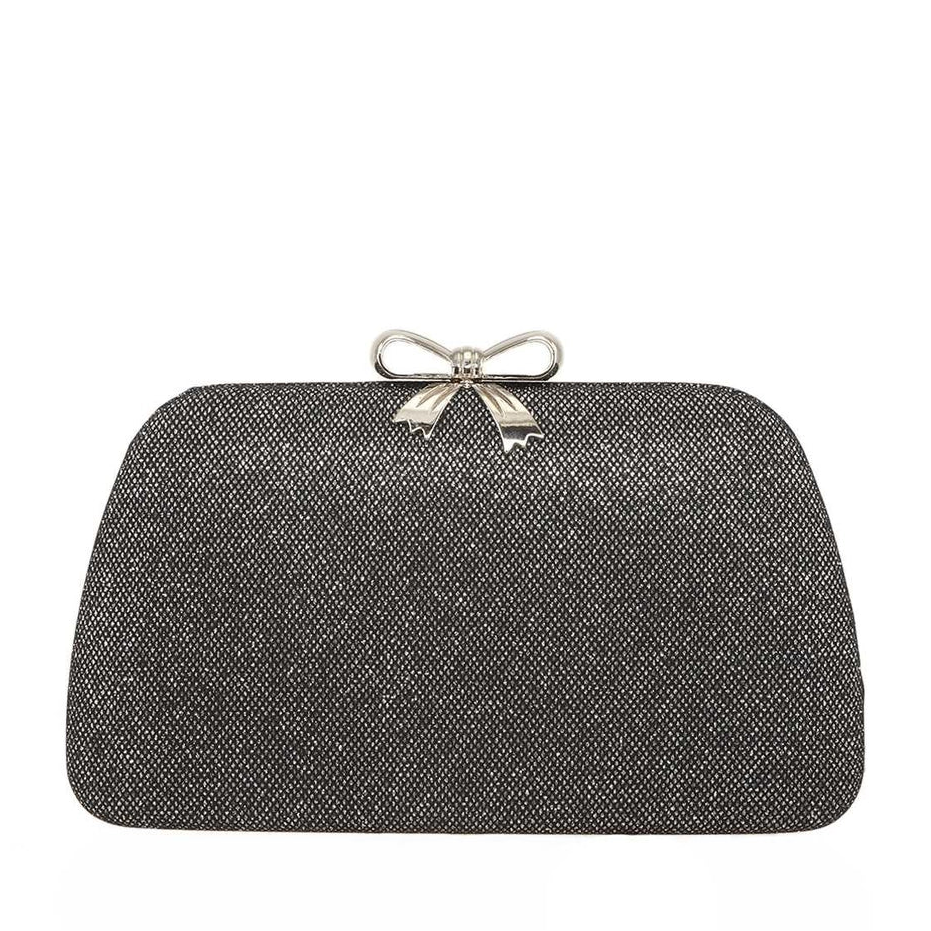 Black textured clutch bag with a bow detail on a white background
