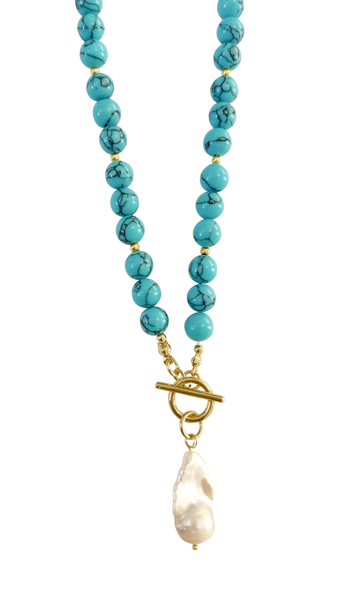 Sandy Beaded Necklace with Pearl Accent- Turquoise