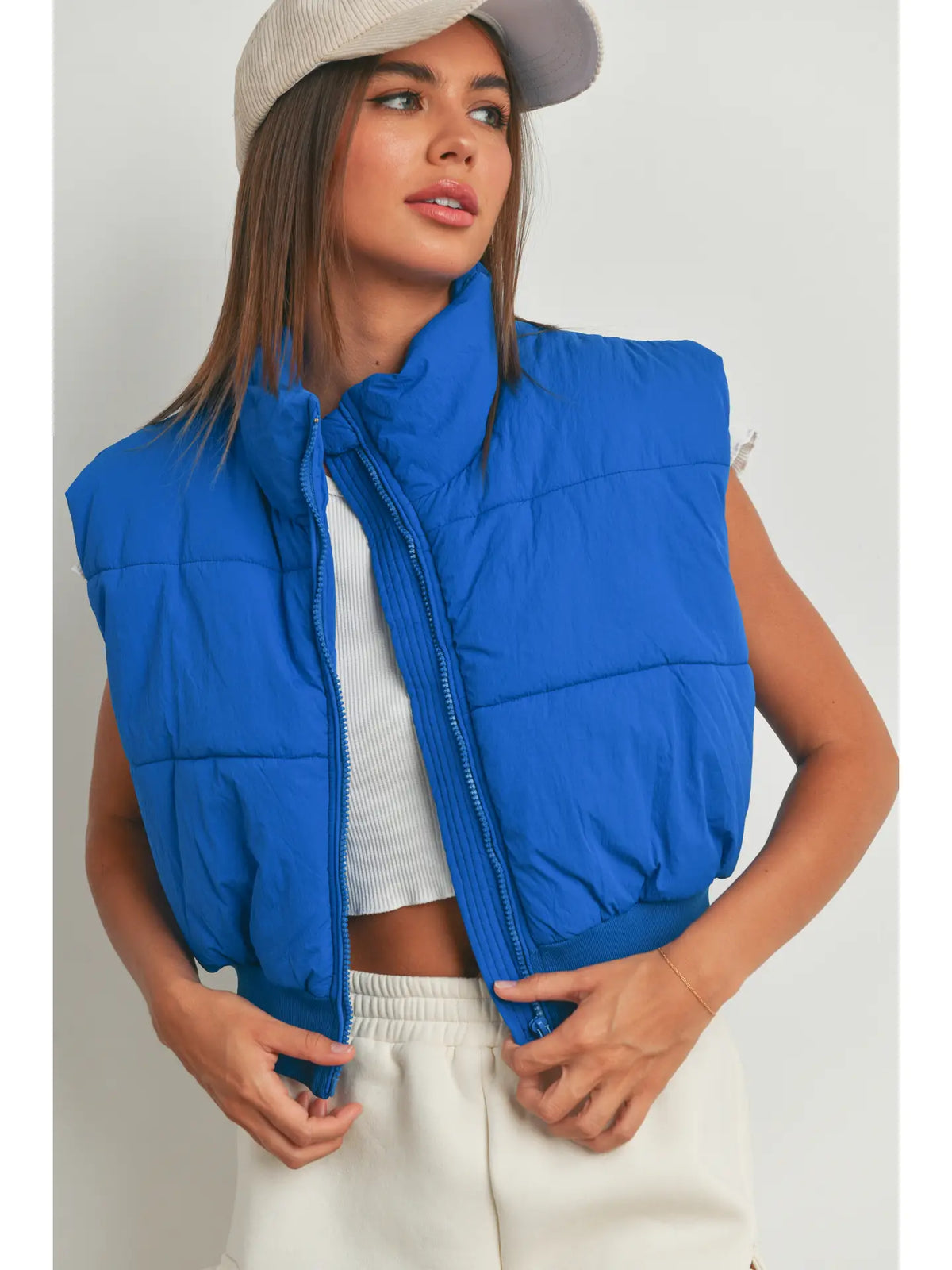 Blue Zip-Up Crop Puffer Vest