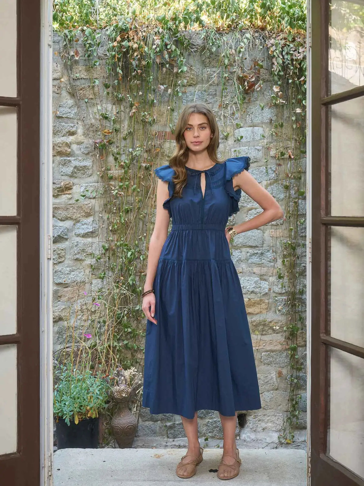 Short Ruffle Sleeve Lace Trim Midi Dress