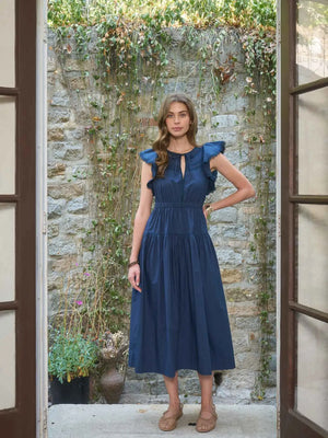 Short Ruffle Sleeve Lace Trim Midi Dress