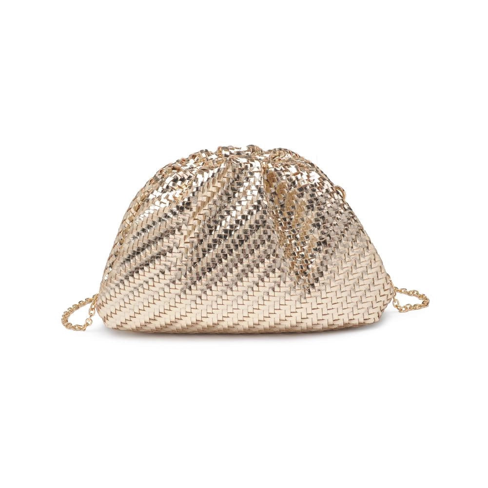 Gold woven handbag with a chain strap on a white background