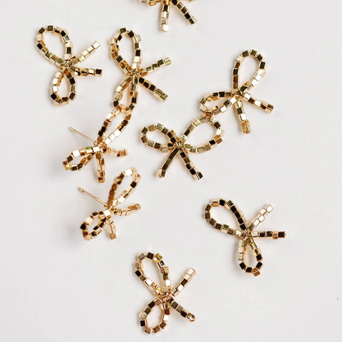 Mini Gold Beaded Statement Bow Earrings