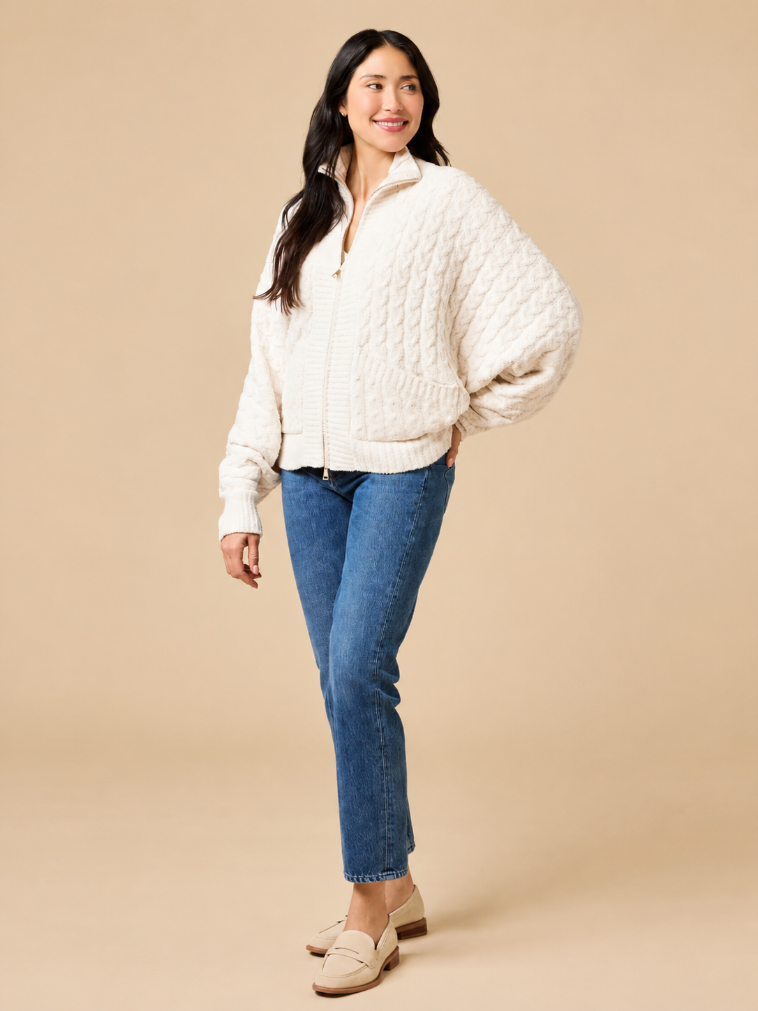 Cable Knit Marshmallow Funnel Neck Double Zip Jacket