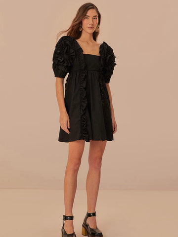 FARM Rio Black Ruffle Short Sleeve Mini Dress