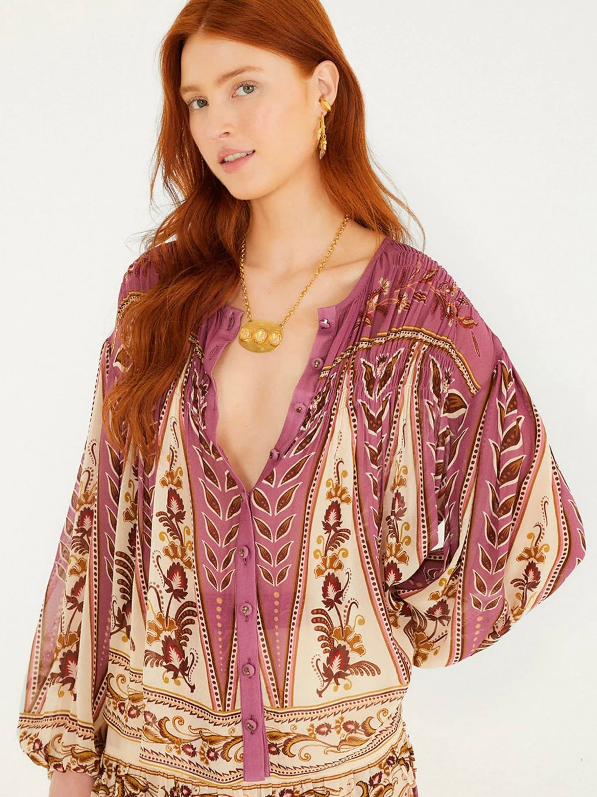 Delicate Ainika Sand Smocking Long Sleeve Blouse