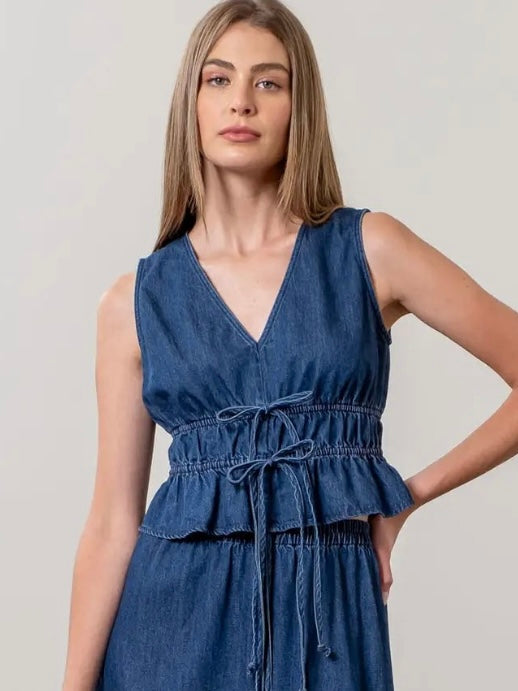 V Neck Front Tie Denim Top