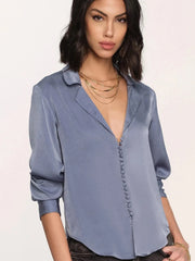 satin blue blouse with covered buttons