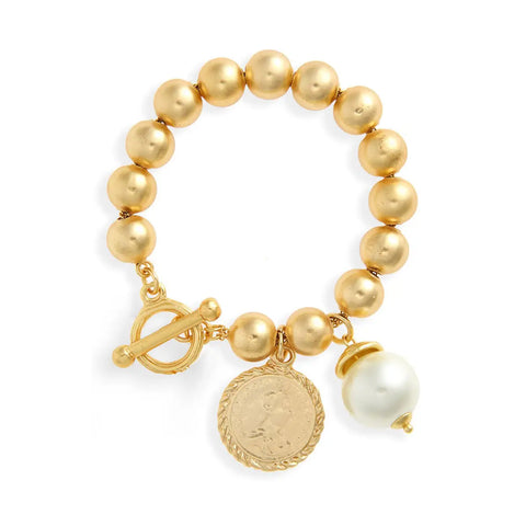 Beaded Chain Bracelet with Pearl and Coin Charm Dangles
