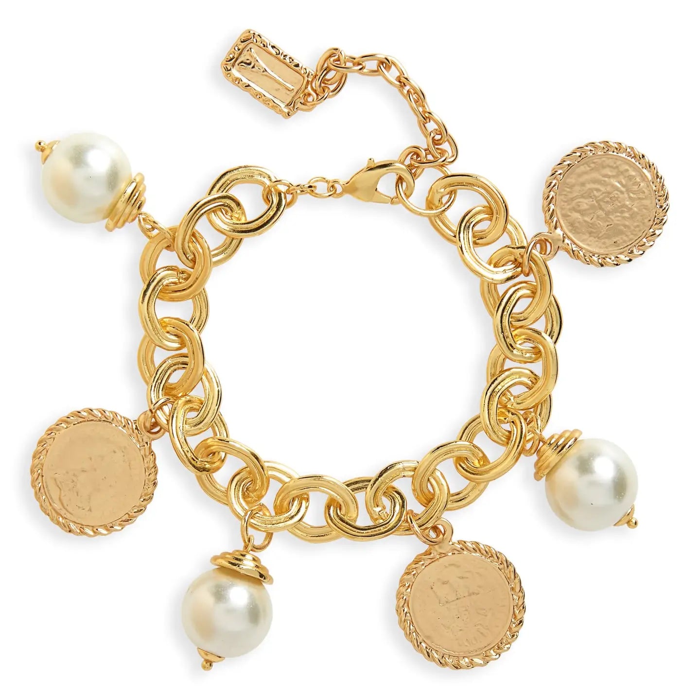 Chunky Link Bracelet with Pearl and Coin Charm Dangles