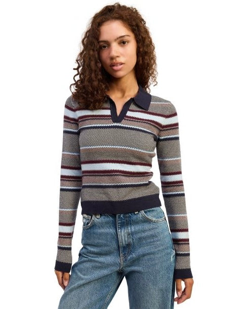 V Neck Collared Chevron Stripe Long Sleeve Top
