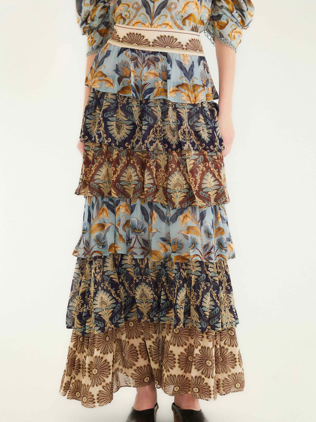 Mixed Scarves Ruffled Maxi Skirt