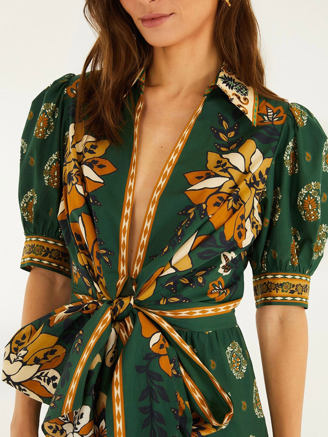 FARM Rio Green Ayla Short Puff Sleeve Organic Cotton Mini Dress, Ayla Green / XS FARM Rio Green Ayla Short Puff Sleeve Organic Cotton Mini Dress, Ayla Green / XS