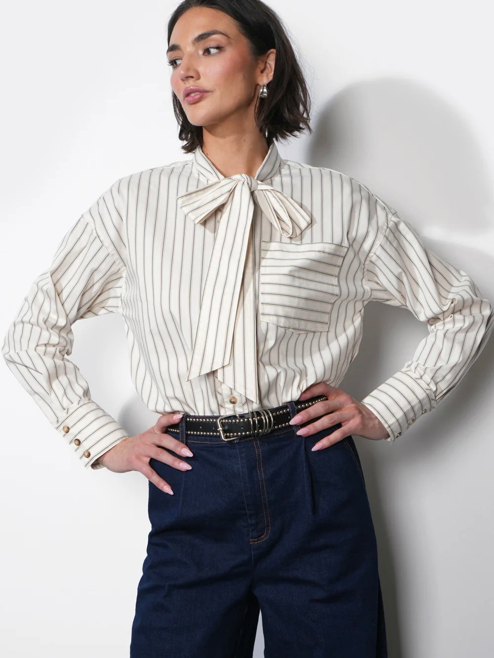 Danica Oversized Stripe Button Up Shirt W/ Tie Neck