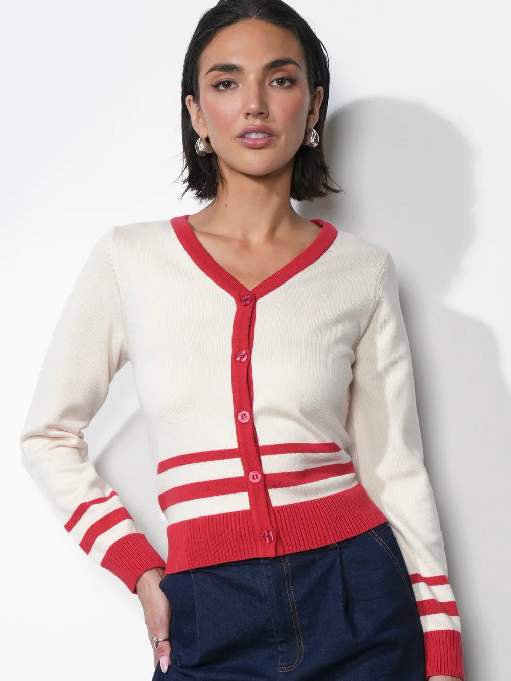 Piper Plunge Neck Stripe Button Front Knit Top