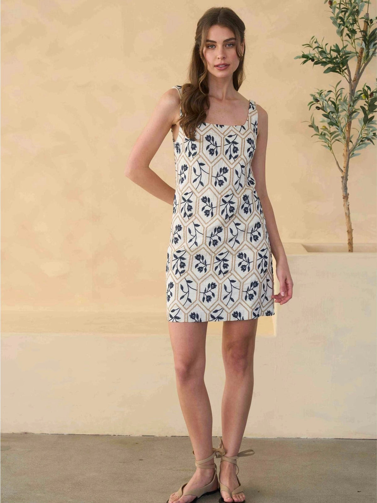 Floral Tile Embroidery Sleeveless Linen Mini Dress