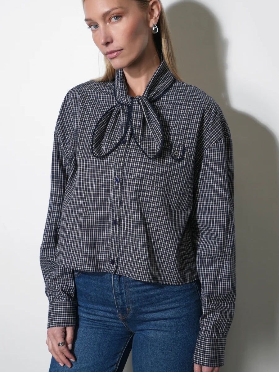 Honey Boxy Tie Neck Checked Button Down Top