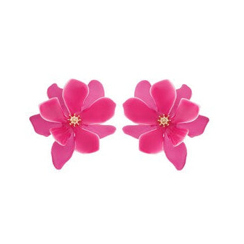 Pair of pink flower-shaped earrings on a white background