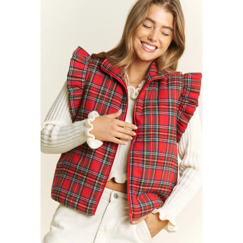 Everyday Plaid Puff Zip Up Vest Jacket with Armhole Ruffle