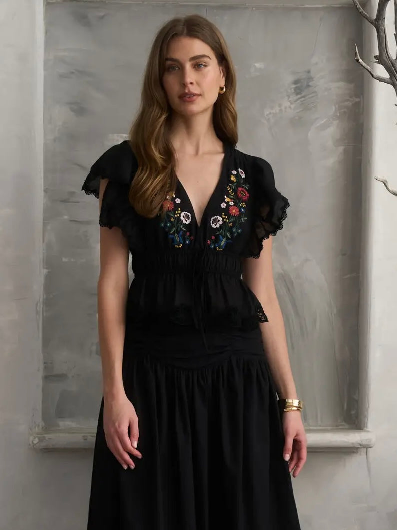Embroidered Ruffle Sleeve Front Tie Lace Trim Top