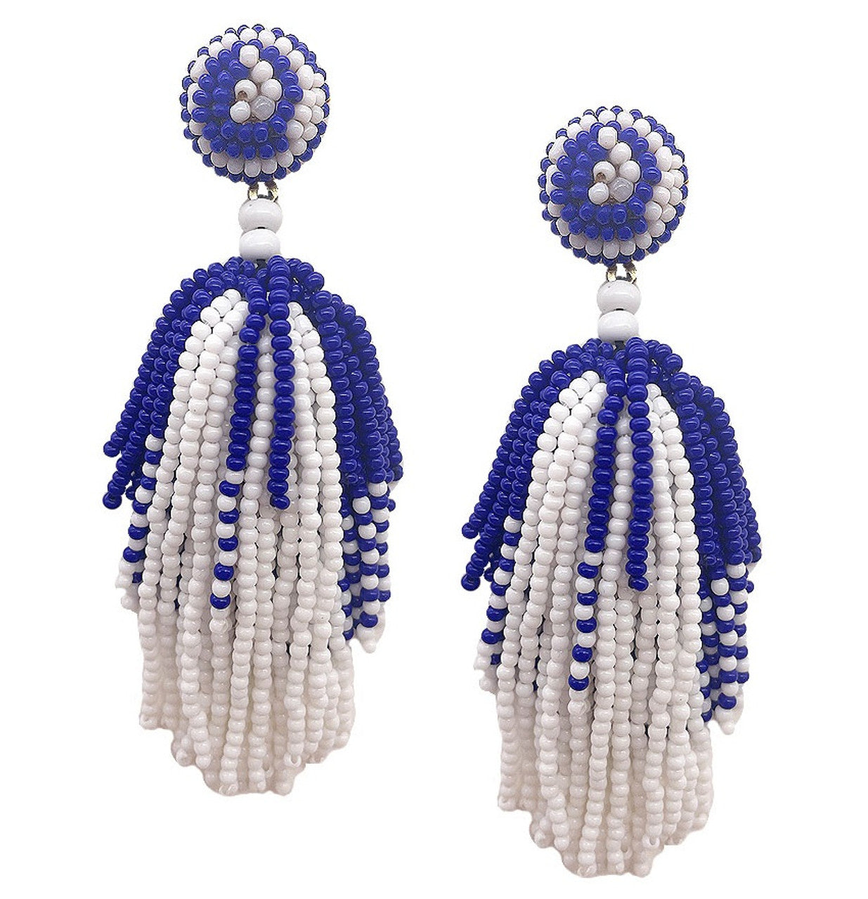Royal Blue and White Beaded Dangle Earrings