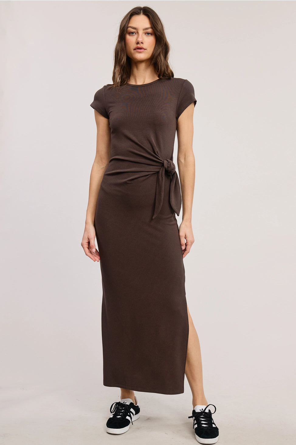 Short-Sleeve Knit Midi Dress with Side Knot