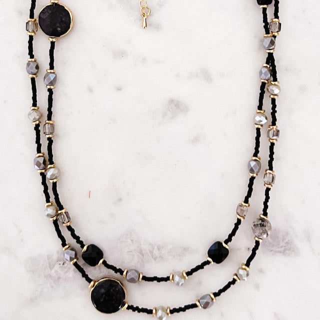 Semi-precious Stone Long Necklace in Black
