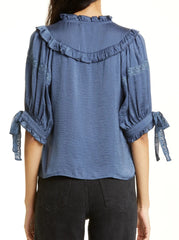 Cressida Ruffle Top (XS) in blue and ivory