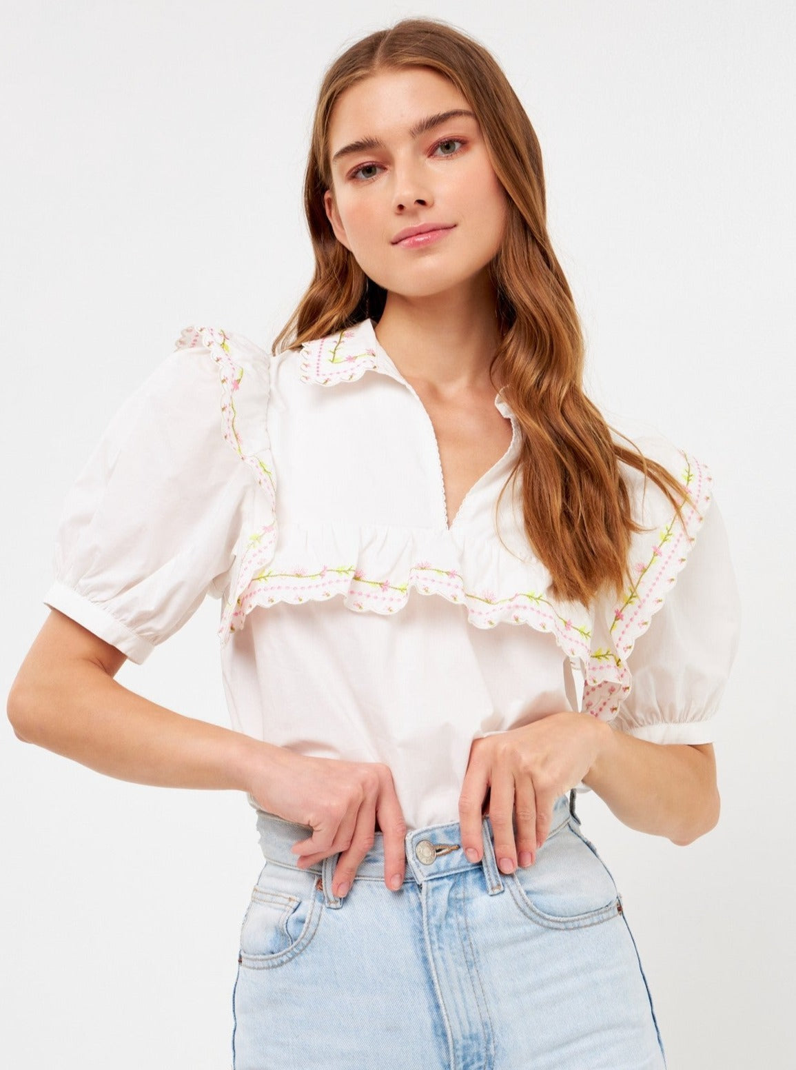 Embroidered Ruffle Blouse
